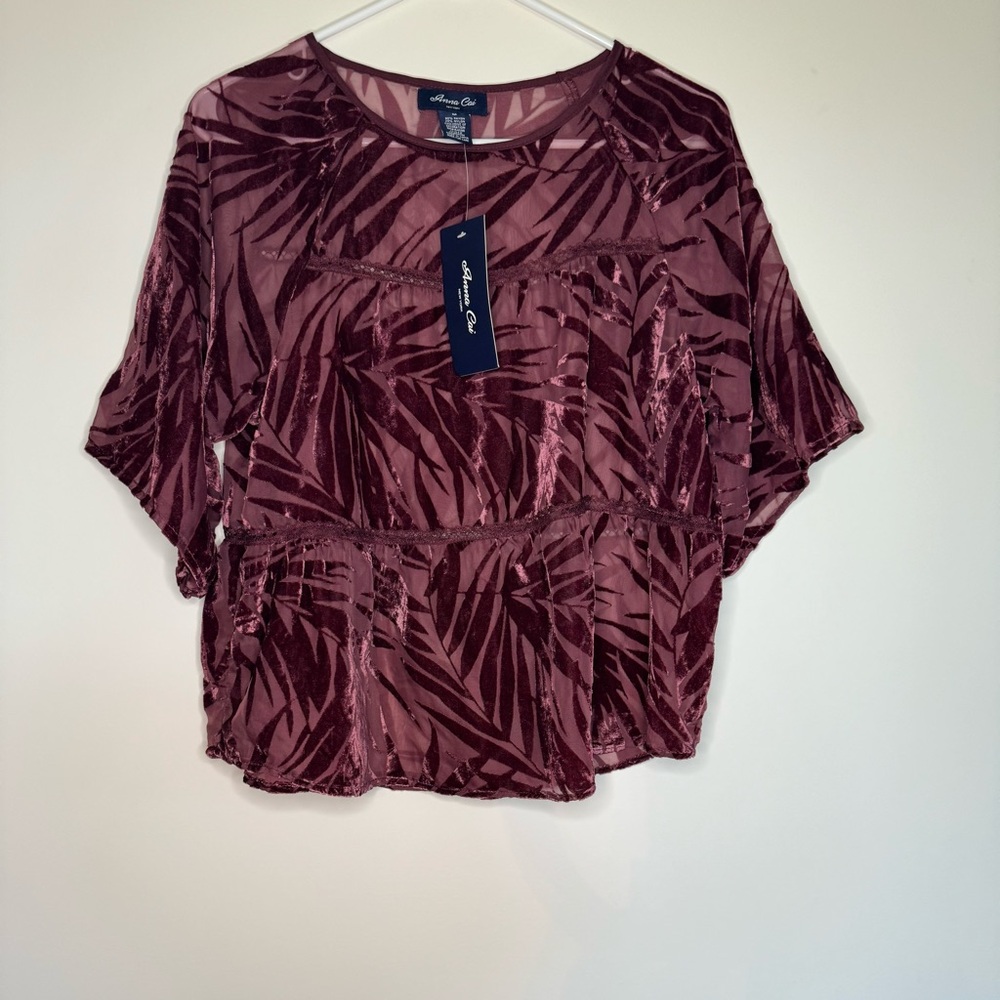 NWT ANNA CAI Wine Velvet Burnout Palm Leaf Short Sleeve Lace Top Size Medium